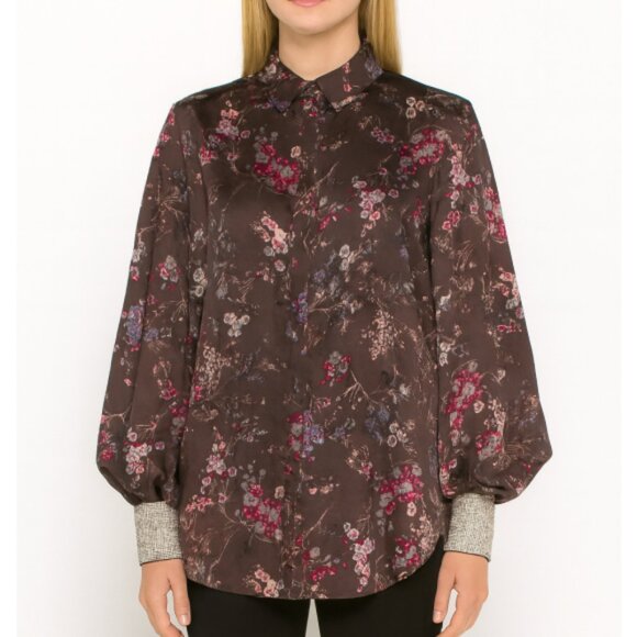 Cinq à Sept 'Selina' Sakura Floral Crystal-Cuff Blouse Top, Asphalt Multi - Picture 1 of 4